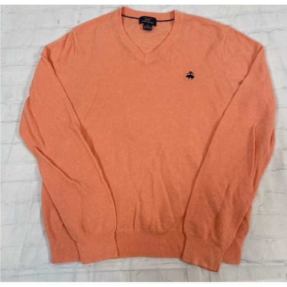 Brooks Brothers V Neck Sweater Men’s M Orange Salmon Linen Cotton Pullover Lite - Picture 15 of 16
